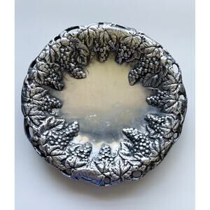 Vintage Peltrina Footed Shallow Metal Bowl with Grape Vine Design
